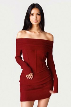 Red One-Shoulder Fishbone Bodycon Dress - Vintage Solid Color, Waist-Defined Style for Spring 2025, Y2K Inspired Fashion
