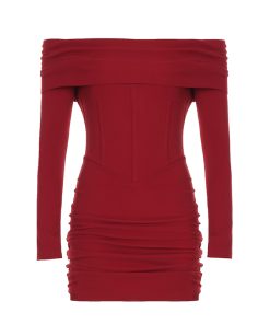 Red One-Shoulder Fishbone Bodycon Dress - Vintage Solid Color, Waist-Defined Style for Spring 2025, Y2K Inspired Fashion