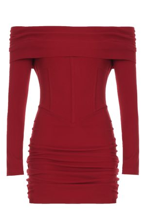 Red One-Shoulder Fishbone Bodycon Dress - Vintage Solid Color, Waist-Defined Style for Spring 2025, Y2K Inspired Fashion
