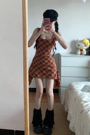 Red Plaid Spaghetti Strap Dress for Women - Waist-Cinching Sleeveless Tank Mini Dress, Sweet and Spicy Summer Style