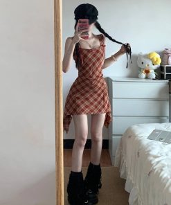 Red Plaid Spaghetti Strap Dress for Women - Waist-Cinching Sleeveless Tank Mini Dress, Sweet and Spicy Summer Style