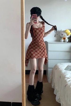 Red Plaid Spaghetti Strap Dress for Women - Waist-Cinching Sleeveless Tank Mini Dress, Sweet and Spicy Summer Style