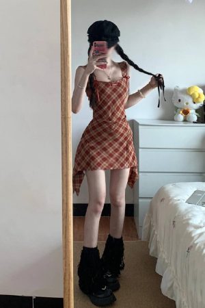 Red Plaid Spaghetti Strap Dress for Women - Waist-Cinching Sleeveless Tank Mini Dress, Sweet and Spicy Summer Style