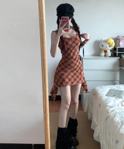 Red Plaid Spaghetti Strap Dress for Women - Waist-Cinching Sleeveless Tank Mini Dress, Sweet and Spicy Summer Style