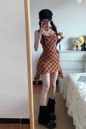 Red Plaid Spaghetti Strap Dress for Women - Waist-Cinching Sleeveless Tank Mini Dress, Sweet and Spicy Summer Style