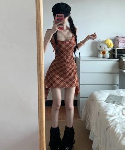 Red Plaid Spaghetti Strap Dress for Women - Waist-Cinching Sleeveless Tank Mini Dress, Sweet and Spicy Summer Style