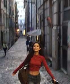 Red Pleated Wool Base Layer Top for Women - Slim Fit Long Sleeve Autumn Winter Style, Perfect for Pumpkin and Christmas Atmosphere