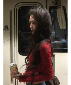 Red Pleated Wool Base Layer Top for Women - Slim Fit Long Sleeve Autumn Winter Style, Perfect for Pumpkin and Christmas Atmosphere