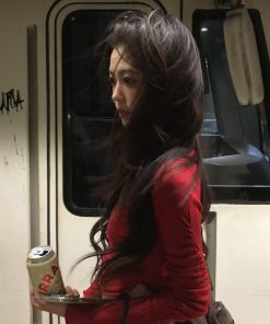 Red Pleated Wool Base Layer Top for Women - Slim Fit Long Sleeve Autumn Winter Style, Perfect for Pumpkin and Christmas Atmosphere