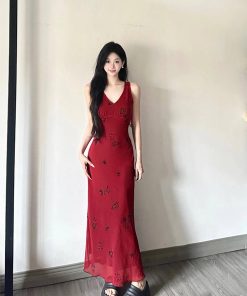 Red Printed Camisole Dress for Women - French-Style, Waist-Cinching, Elegant Drape, Summer Vacation Long Vest Dress