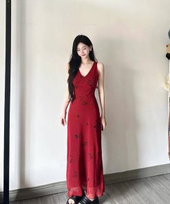 Red Printed Camisole Dress for Women - French-Style, Waist-Cinching, Elegant Drape, Summer Vacation Long Vest Dress