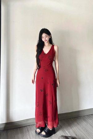 Red Printed Camisole Dress for Women - French-Style, Waist-Cinching, Elegant Drape, Summer Vacation Long Vest Dress