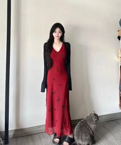 Red Printed Camisole Dress for Women - French-Style, Waist-Cinching, Elegant Drape, Summer Vacation Long Vest Dress