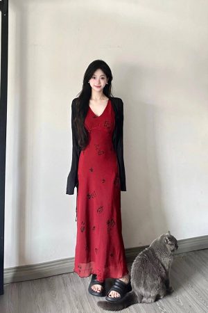 Red Printed Camisole Dress for Women - French-Style, Waist-Cinching, Elegant Drape, Summer Vacation Long Vest Dress