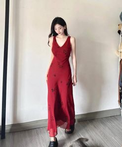 Red Printed Camisole Dress for Women - French-Style, Waist-Cinching, Elegant Drape, Summer Vacation Long Vest Dress