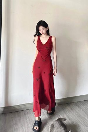 Red Printed Camisole Dress for Women - French-Style, Waist-Cinching, Elegant Drape, Summer Vacation Long Vest Dress