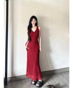 Red Printed Camisole Dress for Women - French-Style, Waist-Cinching, Elegant Drape, Summer Vacation Long Vest Dress