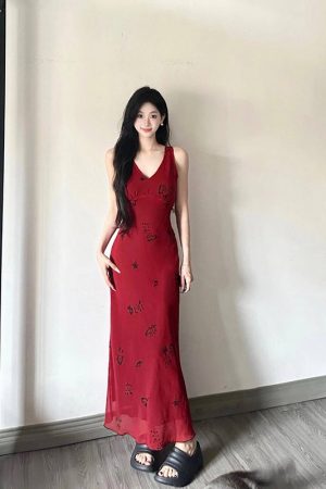 Red Printed Camisole Dress for Women - French-Style, Waist-Cinching, Elegant Drape, Summer Vacation Long Vest Dress