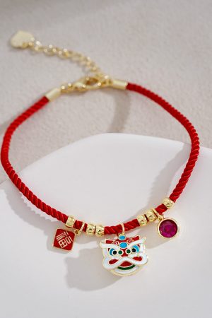 Red Rope Bracelet with Gold Beads - Retro National Style Hand String Jewelry for New Year, Trendy Birth Year Accessory