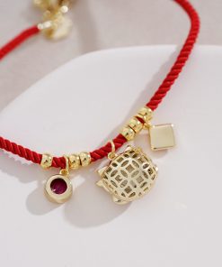 Red Rope Bracelet with Gold Beads - Retro National Style Hand String Jewelry for New Year, Trendy Birth Year Accessory