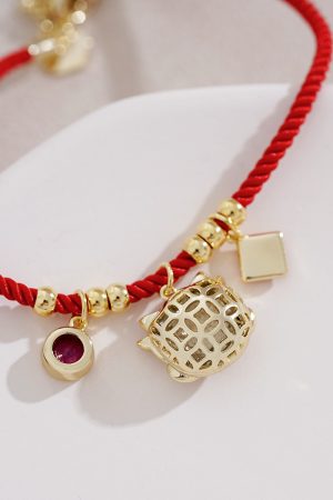 Red Rope Bracelet with Gold Beads - Retro National Style Hand String Jewelry for New Year, Trendy Birth Year Accessory