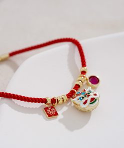 Red Rope Bracelet with Gold Beads - Retro National Style Hand String Jewelry for New Year, Trendy Birth Year Accessory