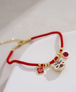 Red Rope Bracelet with Gold Beads - Retro National Style Hand String Jewelry for New Year, Trendy Birth Year Accessory