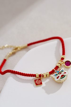 Red Rope Bracelet with Gold Beads - Retro National Style Hand String Jewelry for New Year, Trendy Birth Year Accessory