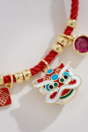 Red Rope Bracelet with Gold Beads - Retro National Style Hand String Jewelry for New Year, Trendy Birth Year Accessory