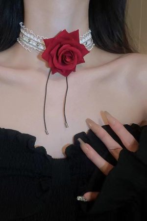 Red Rose Lace Choker Necklace with Tulle Flowers and Ribbons - Romantic Accessory for a Cute, Innocent Look
