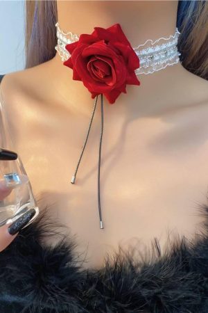 Red Rose Lace Choker Necklace with Tulle Flowers and Ribbons - Romantic Accessory for a Cute, Innocent Look
