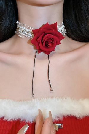 Red Rose Lace Choker Necklace with Tulle Flowers and Ribbons - Romantic Accessory for a Cute, Innocent Look