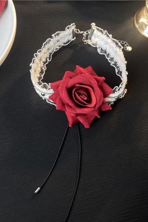 Red Rose Lace Choker Necklace with Tulle Flowers and Ribbons - Romantic Accessory for a Cute, Innocent Look