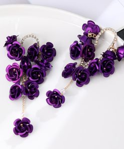 Red Rose Spray-Painted Steel Flower Earrings with Exaggerated Tassels and Diamond Inlays, Chic Long Drop Earrings for Elegant Style