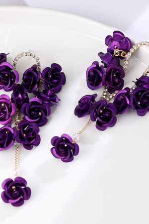 Red Rose Spray-Painted Steel Flower Earrings with Exaggerated Tassels and Diamond Inlays, Chic Long Drop Earrings for Elegant Style