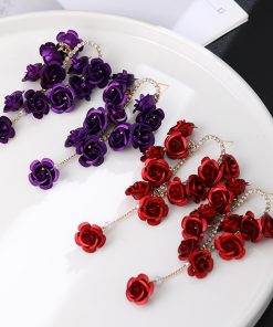 Red Rose Spray-Painted Steel Flower Earrings with Exaggerated Tassels and Diamond Inlays, Chic Long Drop Earrings for Elegant Style