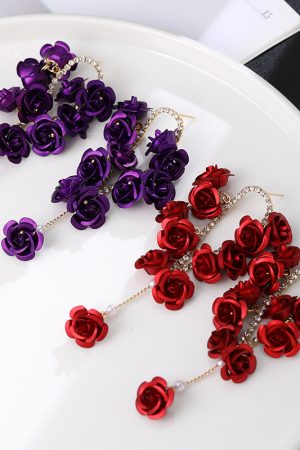 Red Rose Spray-Painted Steel Flower Earrings with Exaggerated Tassels and Diamond Inlays, Chic Long Drop Earrings for Elegant Style