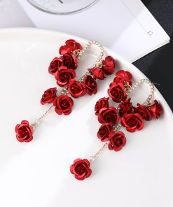 Red Rose Spray-Painted Steel Flower Earrings with Exaggerated Tassels and Diamond Inlays, Chic Long Drop Earrings for Elegant Style