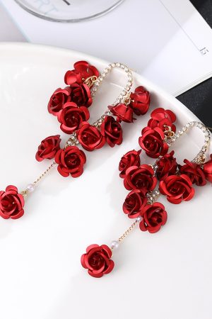 Red Rose Spray-Painted Steel Flower Earrings with Exaggerated Tassels and Diamond Inlays, Chic Long Drop Earrings for Elegant Style