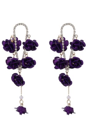 Red Rose Spray-Painted Steel Flower Earrings with Exaggerated Tassels and Diamond Inlays, Chic Long Drop Earrings for Elegant Style