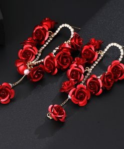 Red Rose Spray-Painted Steel Flower Earrings with Exaggerated Tassels and Diamond Inlays, Chic Long Drop Earrings for Elegant Style