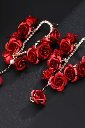 Red Rose Spray-Painted Steel Flower Earrings with Exaggerated Tassels and Diamond Inlays, Chic Long Drop Earrings for Elegant Style