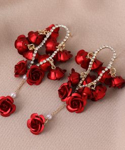 Red Rose Spray-Painted Steel Flower Earrings with Exaggerated Tassels and Diamond Inlays, Chic Long Drop Earrings for Elegant Style