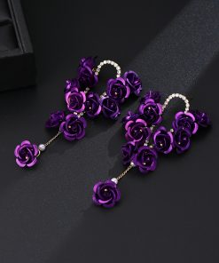 Red Rose Spray-Painted Steel Flower Earrings with Exaggerated Tassels and Diamond Inlays, Chic Long Drop Earrings for Elegant Style