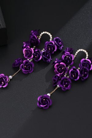 Red Rose Spray-Painted Steel Flower Earrings with Exaggerated Tassels and Diamond Inlays, Chic Long Drop Earrings for Elegant Style