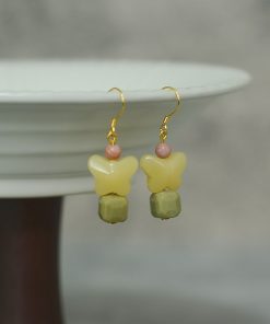 Red Striped Stone Avocado Water Drop Butterfly Earrings in S925 Pure Silver - Chinese Style Ancient Wind Women's Accessories