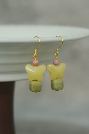 Red Striped Stone Avocado Water Drop Butterfly Earrings in S925 Pure Silver - Chinese Style Ancient Wind Women's Accessories