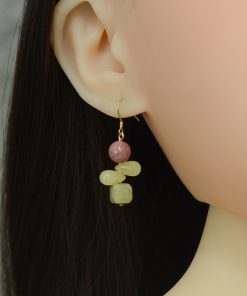 Red Striped Stone Avocado Water Drop Butterfly Earrings in S925 Pure Silver - Chinese Style Ancient Wind Women's Accessories