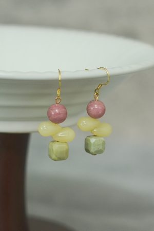 Red Striped Stone Avocado Water Drop Butterfly Earrings in S925 Pure Silver - Chinese Style Ancient Wind Women's Accessories