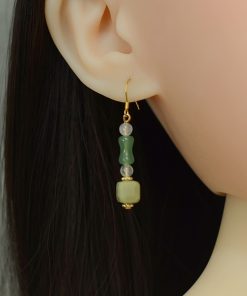 Red Striped Stone Avocado Water Drop Butterfly Earrings in S925 Pure Silver - Chinese Style Ancient Wind Women's Accessories